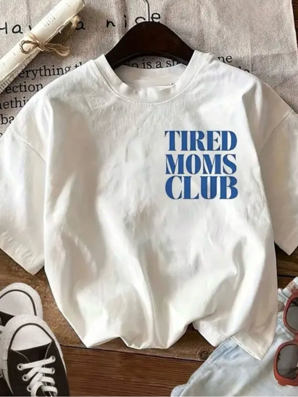 Tired Moms Club Graphic Tee - White with Blue Print - Picture 3 of 3